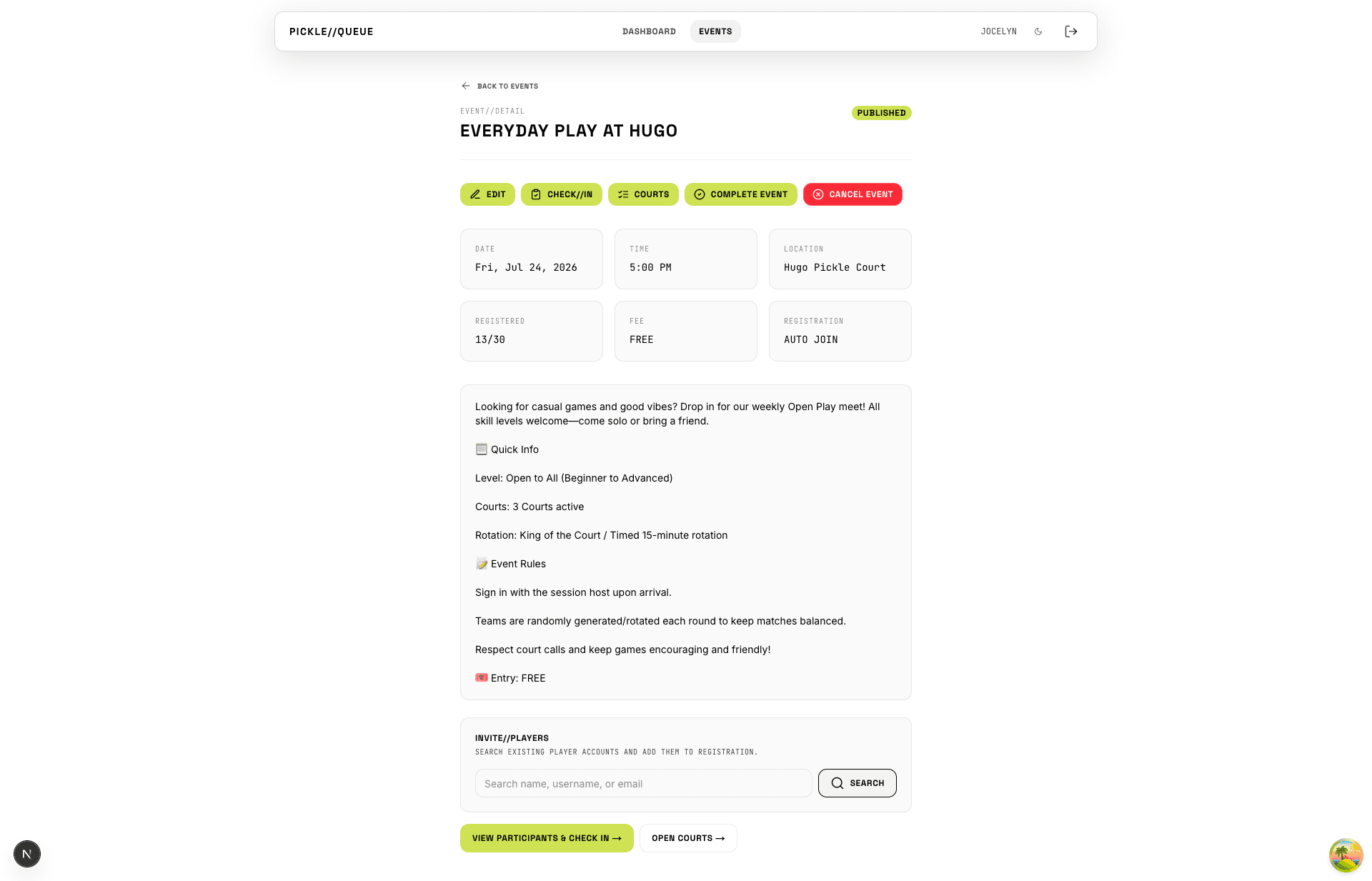 Organizer dashboard screenshot